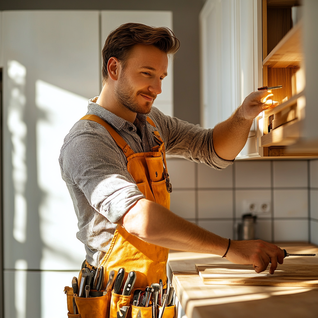Professional carpenter installing kitchen cabinets in Minneapolis