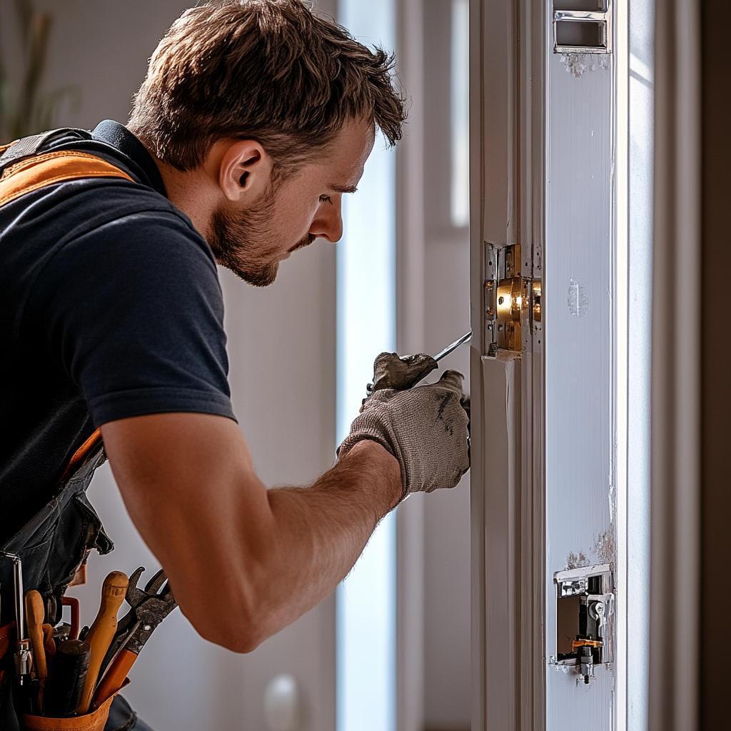Professional handyman repairing door lock in Minneapolis home