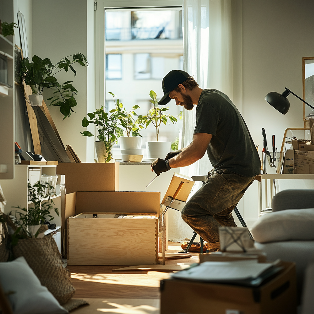 Handyman assembling furniture in modern Minneapolis apartment